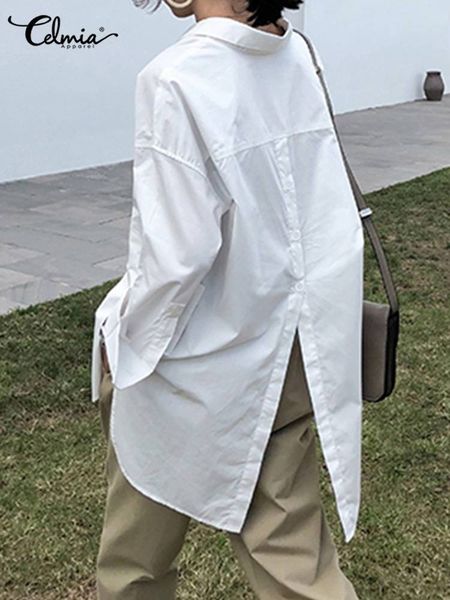 

women's blouses shirts celmia fashion shirts white tunic autumn women long sleeve blouse casual solid button asymmetrical loose party