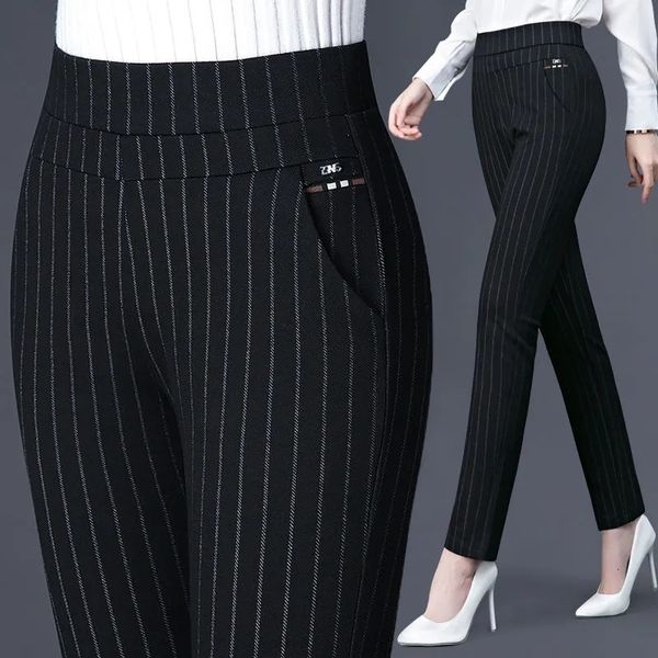 

women's pants capris spring autumn middle aged women elastic waist casual straight pants female trousers lady stripe pencil pants black, Black;white