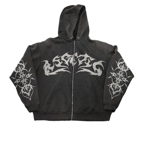 

women's hoodies sweatshirts street retro clothing flame print oversized sweatshirt y2k gothic punk harajuku casual loose zipper hoodie, Black