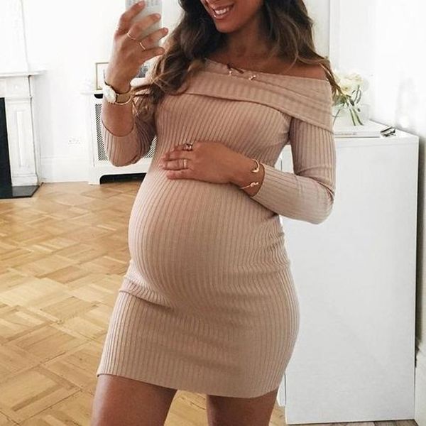 

sleep lounge women summer casual dresses pregnants long sleeve off shoulder nursing maternity dress knitted cotton pregnancy clothes 230201, White