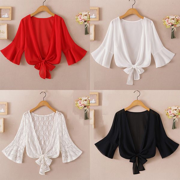 

women's tshirt summer blouses for women woman v neck tie waist shirt chiffon black ruffle sleeve lace beach cover up 230131, White
