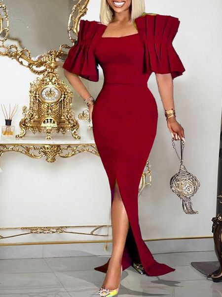 

plus size dresses red folds square collar bodycon mermaid dinner party women's summer long dress chic and elegant woman gowns 230201, Black