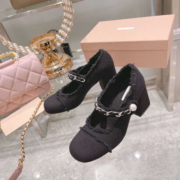 

brand casual shoes 2023 spring new lace twill denim round head thick heel high heel single shoes size 35-42, Black