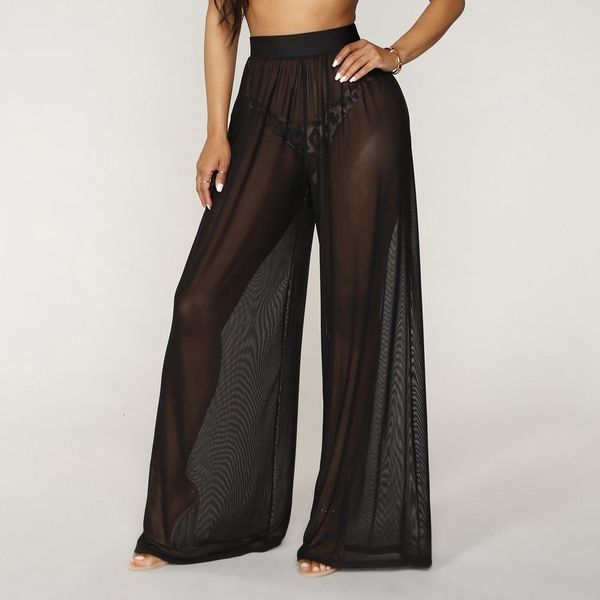 

women's pants capris women see through boho wide leg high waist trousers beach long loose mesh sheer pants 230201, Black;white