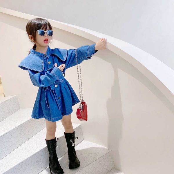 

girl's dresses children's clothing autumn 2021 new girls denim fashion big lapel belt dress 0131, Red;yellow