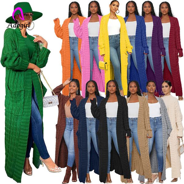 

women's knits tees elegant knitted women long twist sweater solid cardigan with big pocket autumn winter crochet loose office lady long, White