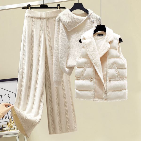 

women's two piece pants plus size winter warm 3 set women pullover sweater wide leg lamb wool vest knitted suit tracksuit clothes 23020, White