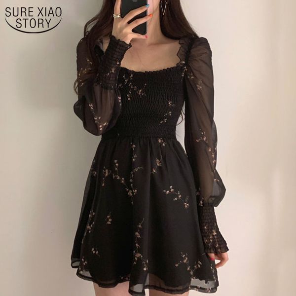

casual dresses spring womens black dress vintage flower long puff sleeve chiffon dresses korean casual mini vestidos mujer clothes 13676 230, Black;gray