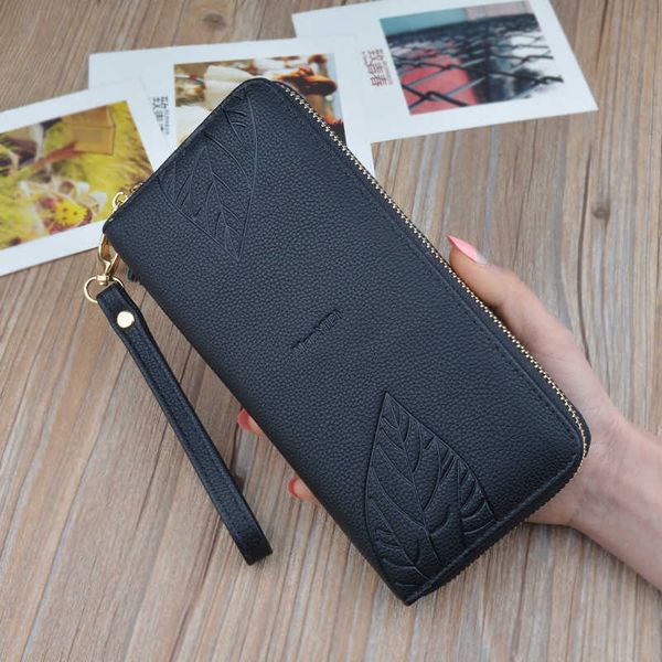 

wallets womens and purses pu leather female wristband leaf print long purse large capacity bag y2301, Red;black