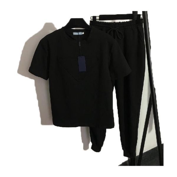 

fashion womens t-shirt pants two tracksuits tracksuits new sportswear triangle short sleeve sspring short sleeve elastic waist casual sports, Gray