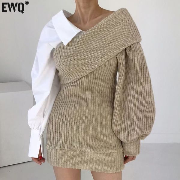 

women's sweaters ewq autumn fashion chic contrast shirt spliced crossover v-neck women loose lantern sleeve pullovers sweater 16r1356 2, White;black