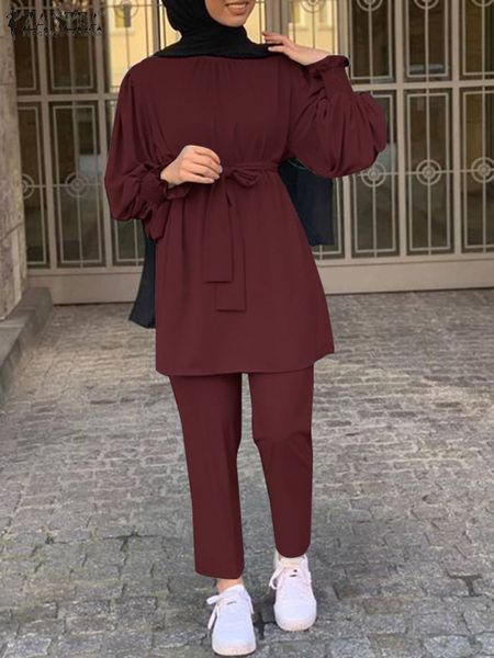 

ethnic clothing 2pcs women muslim sets zanzea casual dubai outfits islamic clothes elegant long sleeve blouse pants solid urban tracksuit 23, Red