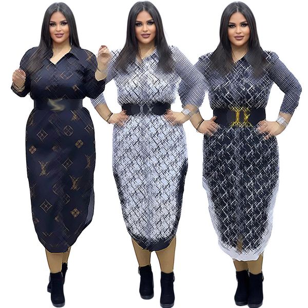 

q6008 fashion digital print knee dress for women long sleeve cardigan button lapel loose casual brand split dresses without belt, Black;gray