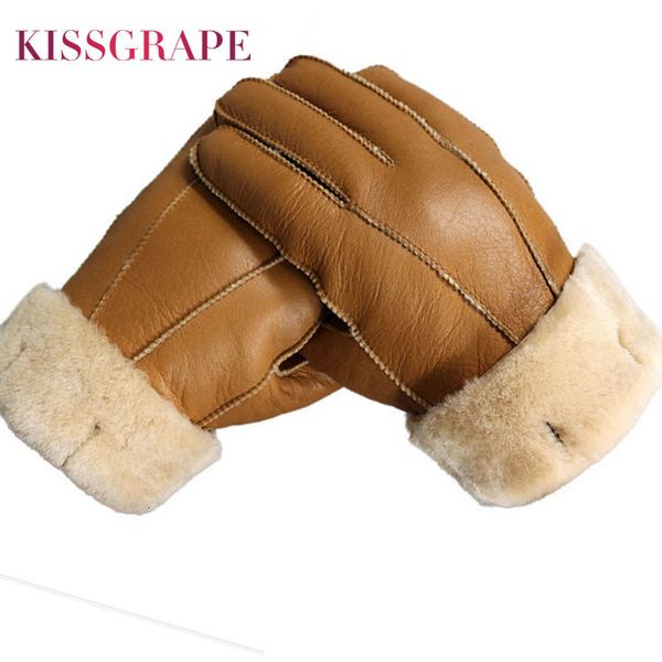 

mittens men winter gloves warm genuine sheep fur for thermal goat cashmere real leather snow manual 230131, Blue;gray