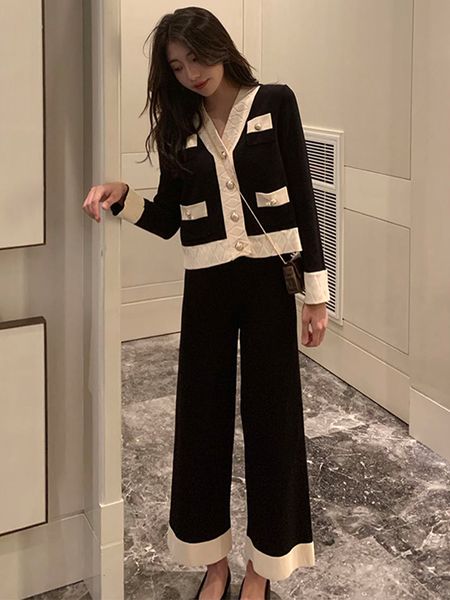 

women's two piece pants fashion women's suit spring knit fashion professional knitted wide-leg pants two-piece 230201, White
