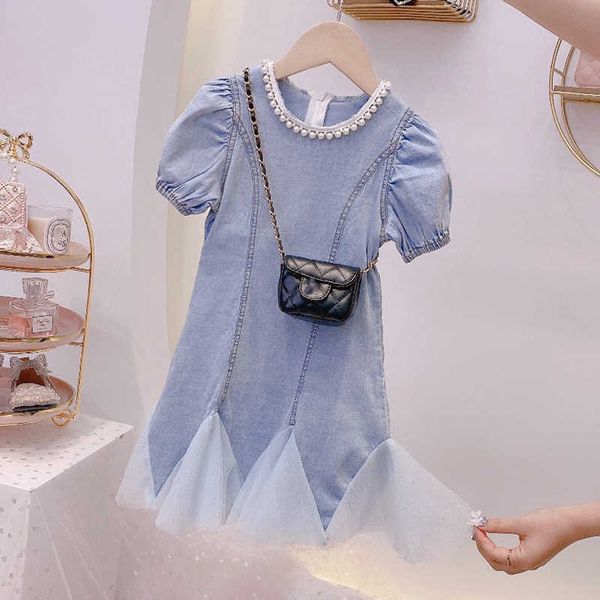 

girl's es summer girls short-sleeved fashion pearl decorative collar children's fishtail baby girl beaded mesh denim dress 0131, Red;yellow