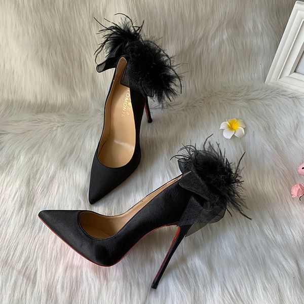

dress shoes designer brand black satin pointed toe with fur on back women lady party performance evening heel pump 230201