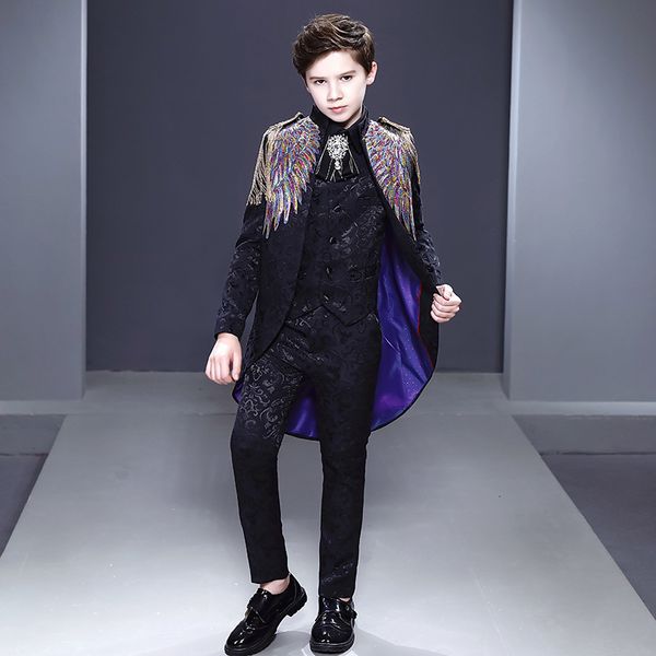 

suits child black jacquard color sequins tuxedo 3pcs suit set boys stage catwalk host piano performance costume kids jacket vest pants 23020