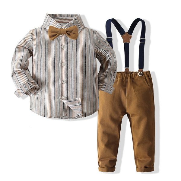 

suits fashion kids boys gentleman clothes set long sleeve bow tie striped shirt suspender pants casual outfit boy suit 230201, Black