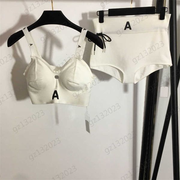 

fashion two piece pants letter logo decorated sleeveless halter vest match elastic fabric high waist casual shorts 2 colors trend two piece, White