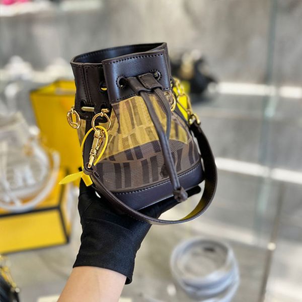 

mini bucket bag women designer handbag purse crossbody bags genuine leather clear mesh patchwork fashion letter two detchable shoulder strap