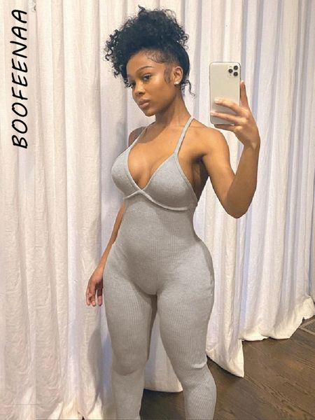 

women's jumpsuits rompers boofeenaa comfy grey ribbed knit jumpsuit women fall deep v neck backless bodycon romper c87-cz20 230131, Black;white
