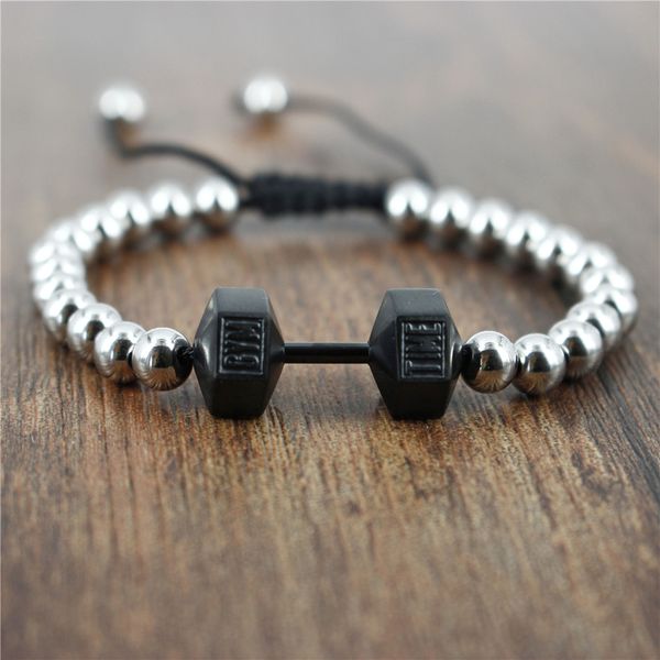 

hip hop stainless steel barbell stand beads bracelets jewelry adjustable length sport bangle, Black