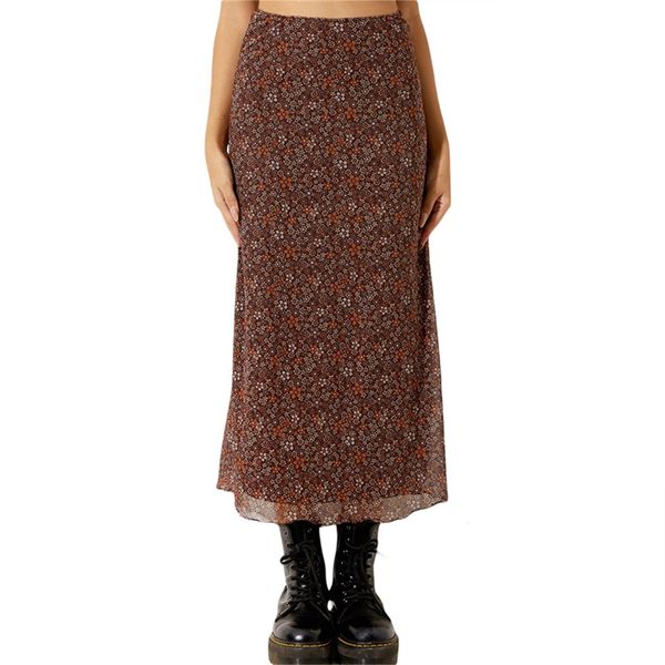 

skirts women clothing casual long floral printed high waist simple elegant elastic street style bottoms 230131, Black