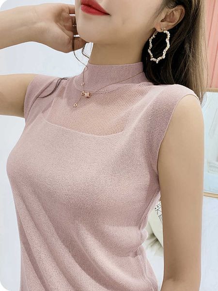

women's tanks camis hollow out tank women summer lce silk knitted vest sleeveless casual korean elasticity solid slim pullover y2302, White