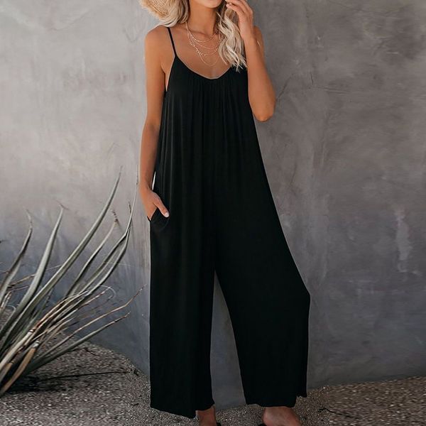 

women's jumpsuits rompers overalls for women sleeveless straps jumpsuits summer wide leg trousers loose rompers ladies casual long pant, Black;white