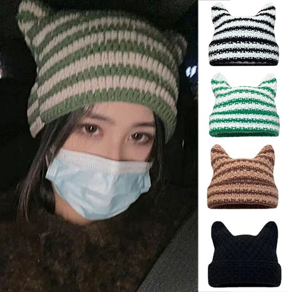 

beanie hat for women girls punk gothic cat ear knitted hat autumn and winter warm striped knitted wool cap, Blue;gray