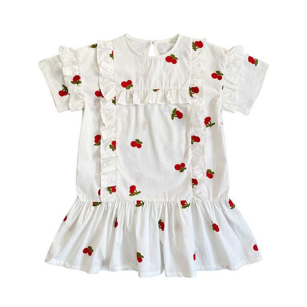 

girl's es embroidery teen girls new kids summer dress clothes cotton fresh cherry pattern ruffles teenage children #6034 0131, Red;yellow