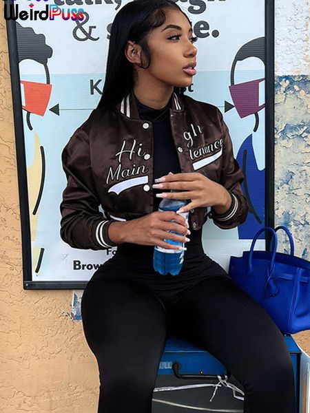 

womens jackets weird puss y2k jacket varsity uniform women letter print casual sporty button baseball wild street vintage short coat outwear, Black;brown