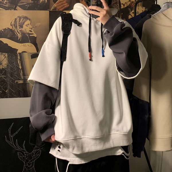 

mens hoodies sweatshirts hooded patchwork fake two piece pullover student oversized korean fashion high street hip hop men clothes 230202, Black