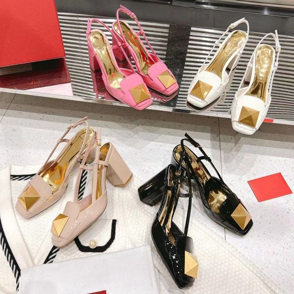 

thick heels sandals dress shoes elegant skin color ankles women high heels square heels party barefoot bright metal decorative patent leathe, Black