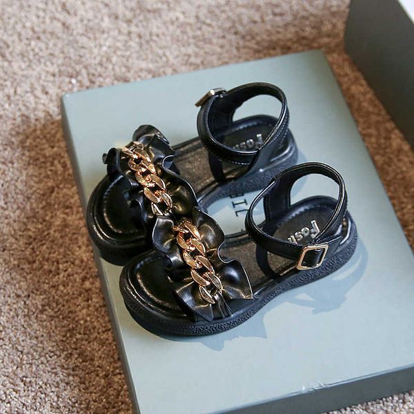 

2022 new brand designer chain summer girls all-match princess kids for girl sandals student shoes flat heel f03274 0202, Black;red
