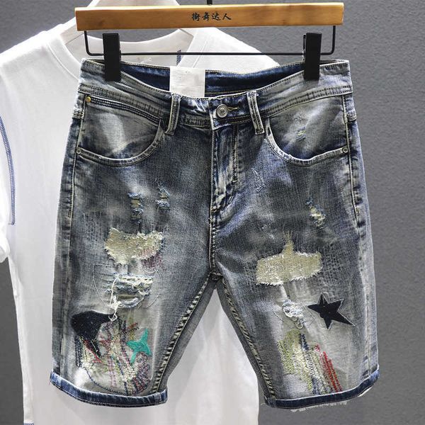 

men's shorts new vintage distressed ripped hole star embroidery denim knee length streetwear fashion male cargo jeans y2302, White;black