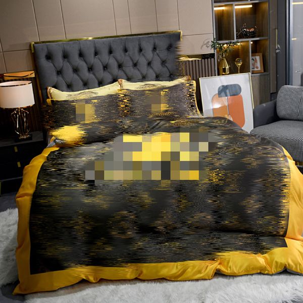 

luxury designer  bedding sets 4pcs/set brown yellow letter printed satin king size duvet cover summer spring bed sheet fashion pillowca