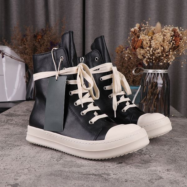 

shoes rick men's casual fashion women's sneakers with box blcak leather sneaker owens rubber lace-up size 34-48, Black