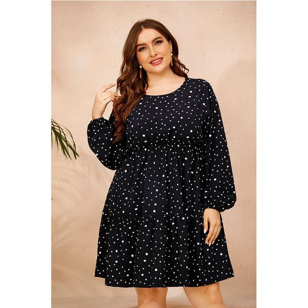 

plus size dresses autumn size women's high waist cotton vintage 4xl female long sleeve dot casual big vestidos 230202, Black
