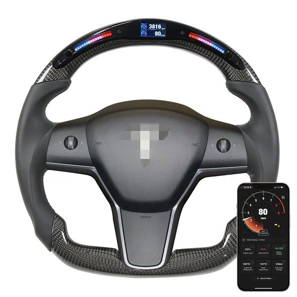 

car led steering wheels for tesla model y carbon fiber racing wheel interior accessorie