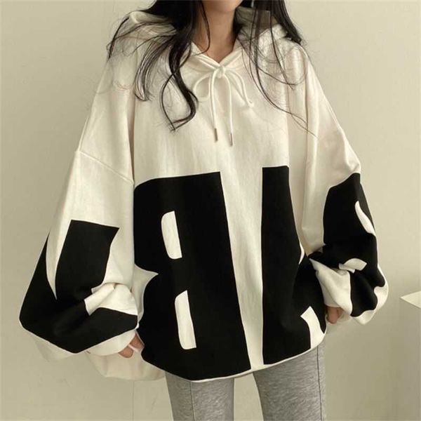 

women's hoodies sweatshirts korean fashion streetwear hooded 2023 new in spring autumn woman clothes wool lining loose pullover oversiz, Black