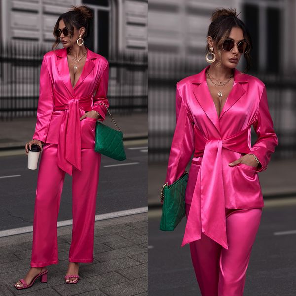 

spring soft satin silk women pants suit rose red mother of the bride wear evening party wedding formal 2 pieces, Black;red