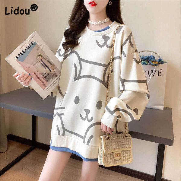 

women's hoodies sweatshirts street casual 2022 women autumn new thin sweatshirt korean fashion round neck loose medium and long popular, Black