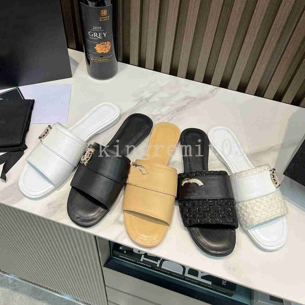 

designer slippers women sandals coco tweed mules slippers leather lambskin slipper ballet flats beach fashion flip flops with box, Black