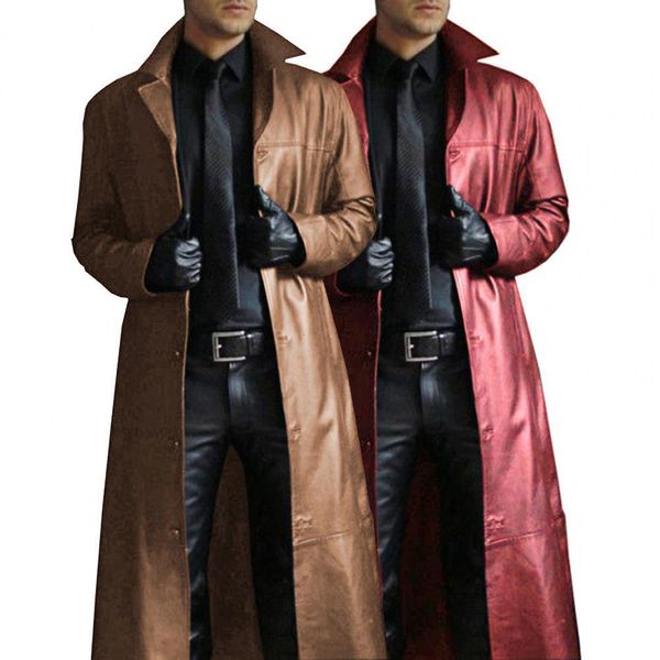 

men's trench coats pu leather coat singlebreasted full sleeve turndown collar punk long jacket overcoat handsome windbreaker 230202, Tan;black