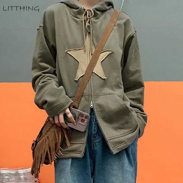 

women's hoodies sweatshirts vintage sweatshirt casual star patch designs zip up hip hop loose harajuku punk gothic grunge y2k clothes y, Black