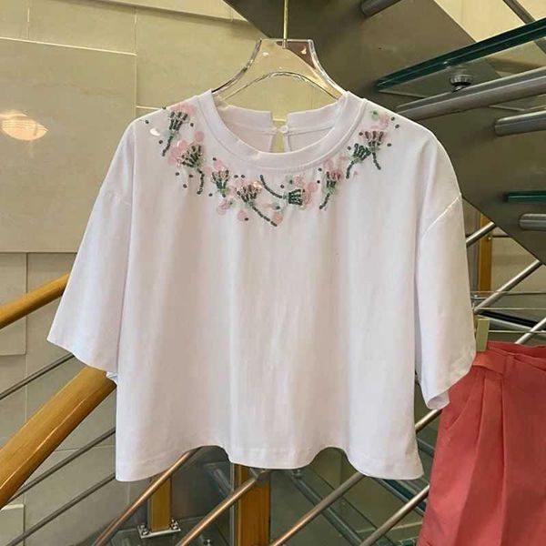 

fashion diamond embroidery t shirt women sweatshirt miu designer tshirt bat sleeve t-shirt womens short pullover sweater, White