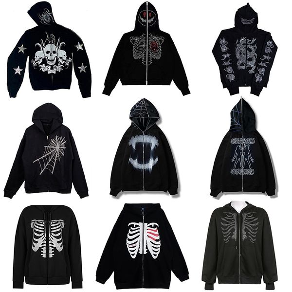 

men's hoodies sweatshirts rhinestones spider web skeleton print black y2k goth longsleeve full zip oversized jacket american fashion se