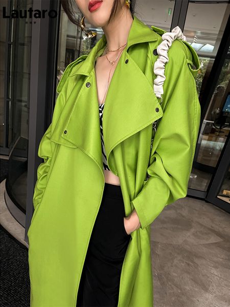 

women's trench coats lautaro spring autumn long oversized bright green faux leather trench coat for women belt loose stylish luxury des, Tan;black